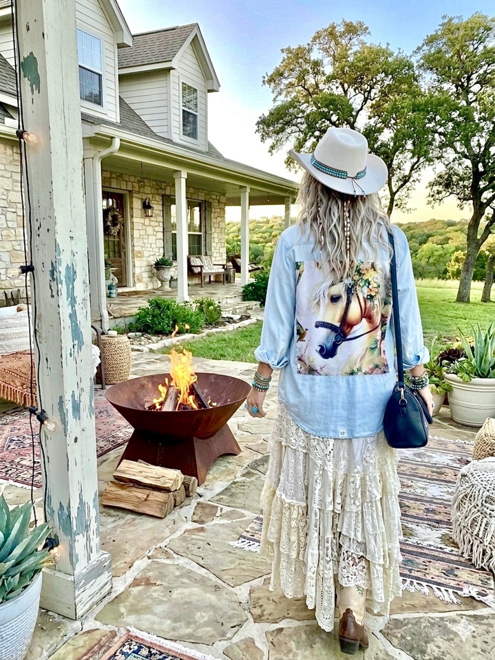 Romantic Horse RARE enchanting Upcycled floral back detailing boho denim shirt